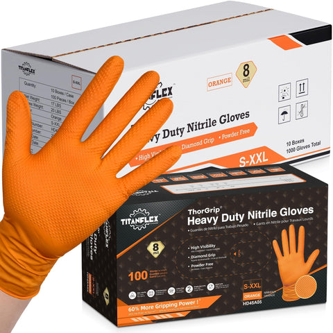 TitanFlex orange nitrile gloves 8mil for high-visibility protection on tough jobs.