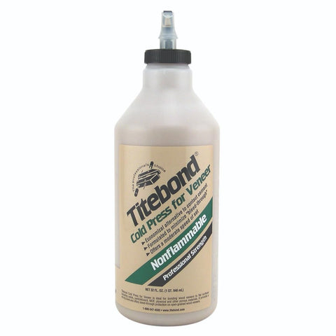 Titebond Cold Press Veneer Glue bottle ready for clean water cleanup and smooth application.
