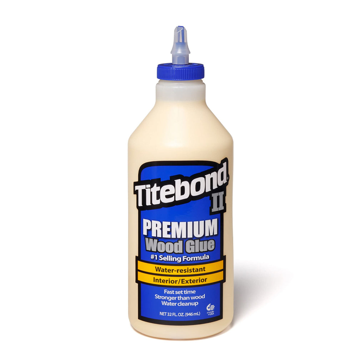 Titebond II Premium wood glue bottle ideal for exterior projects with strong initial tack.