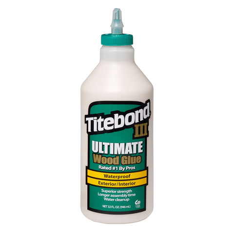 Titebond III Ultimate Wood Glue bottle for waterproof bonding and easy water cleanup