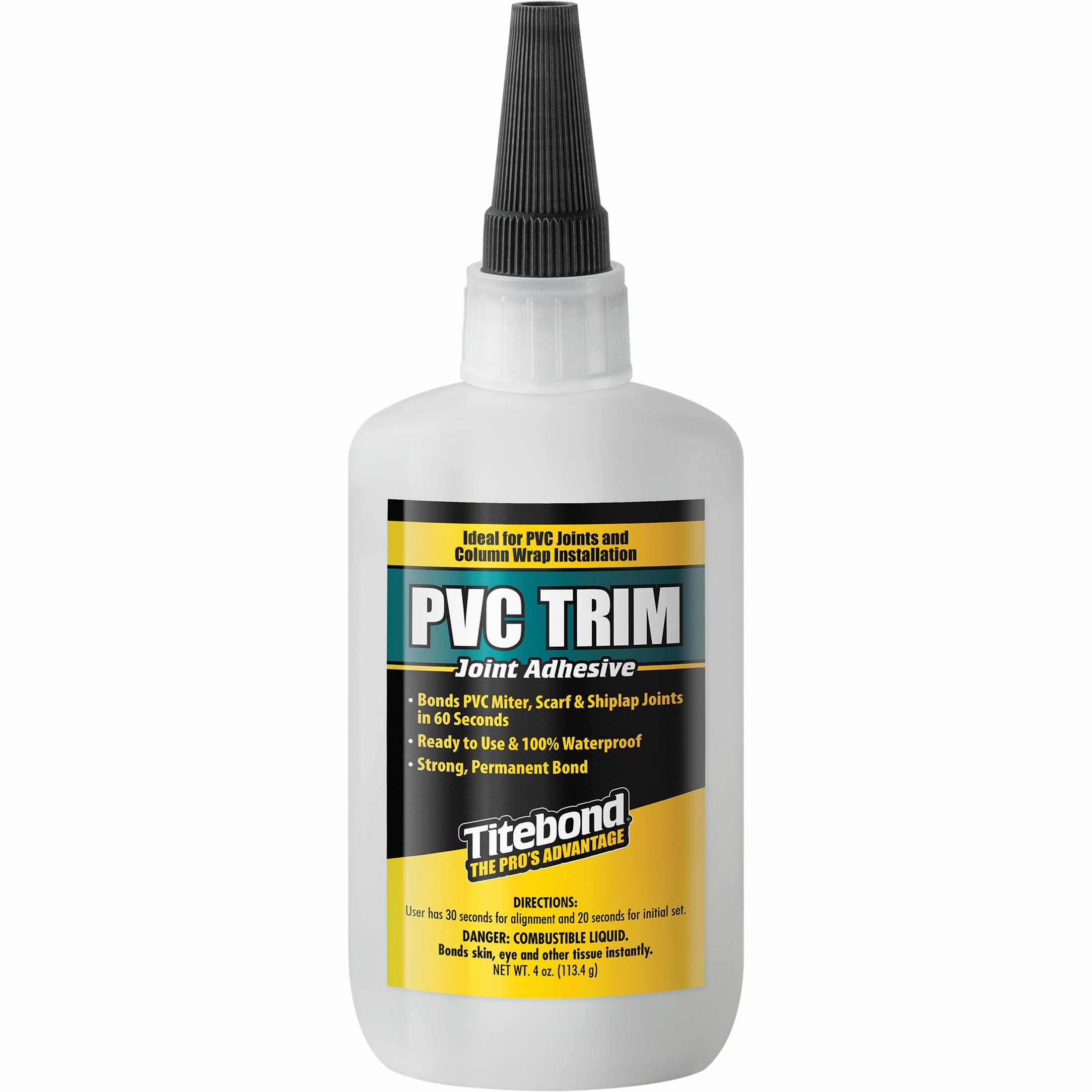 Titebond PVC Trim Joint Adhesive bottle shown for strong PVC joints.