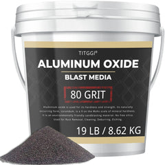 TITGGI 80-grit aluminum oxide blast media in a sturdy bucket for easy transport and storage.