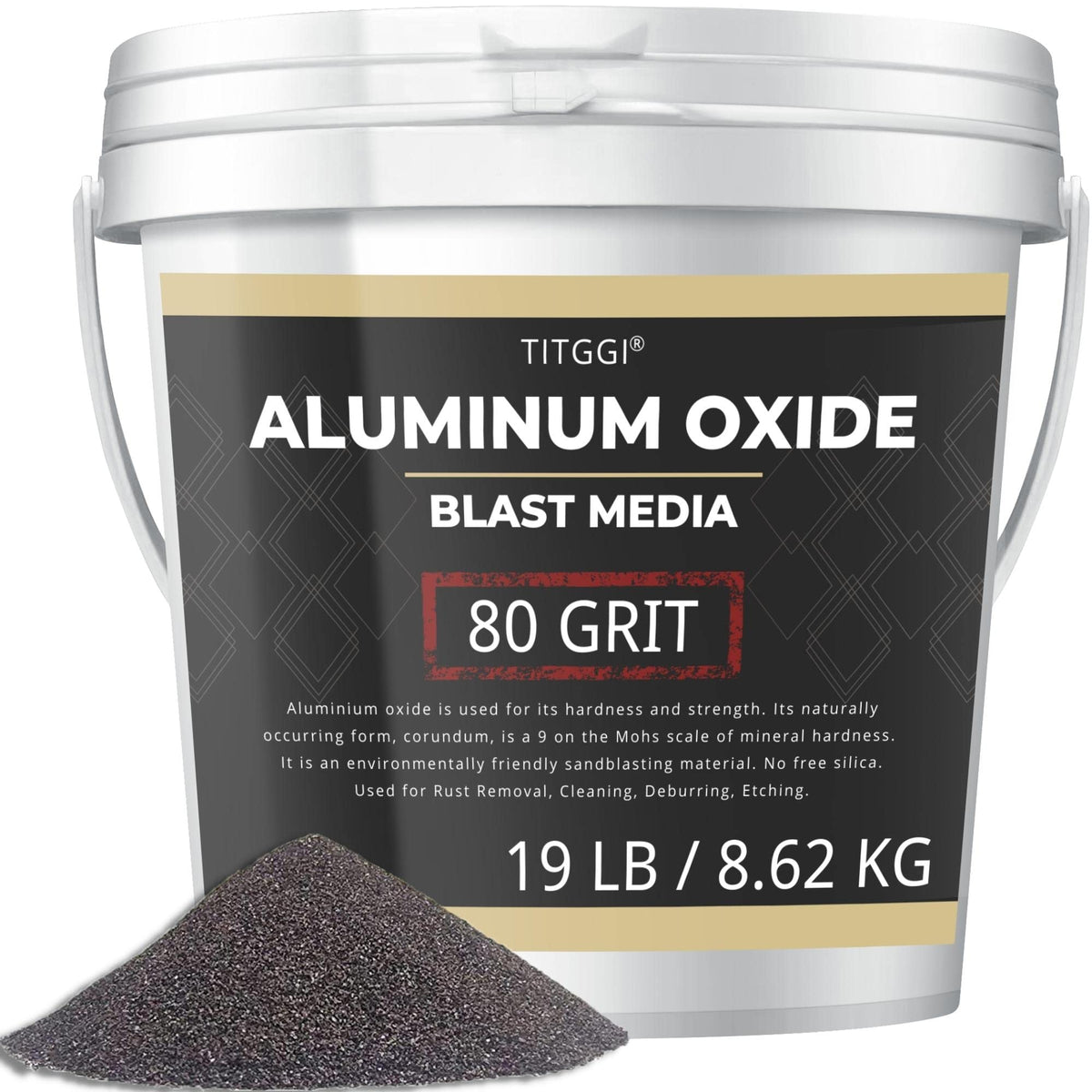 TITGGI 80-grit aluminum oxide blast media in a sturdy bucket for easy transport and storage.