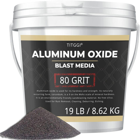 TITGGI 80-grit aluminum oxide blast media in a sturdy bucket for easy transport and storage.