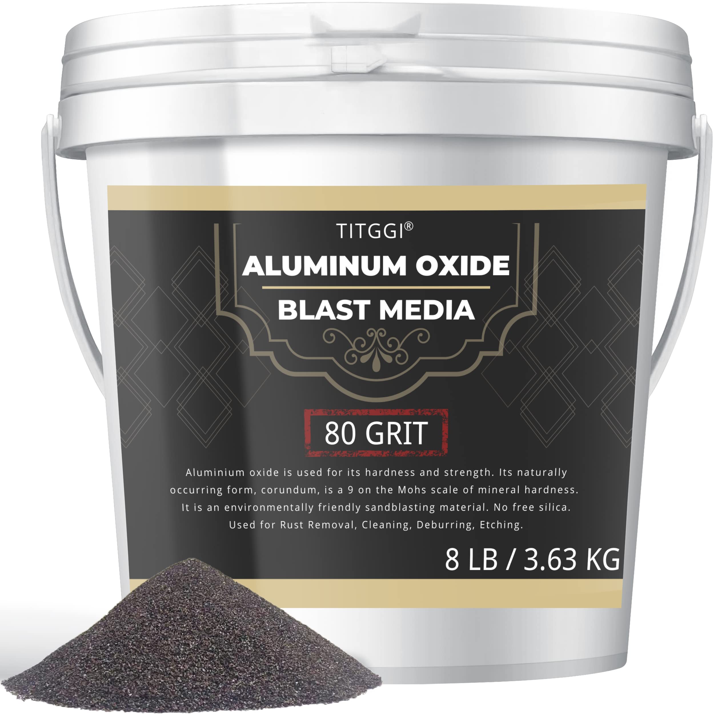 TITGGI #80 grit aluminum oxide in a bucket for clean metal rust removal.