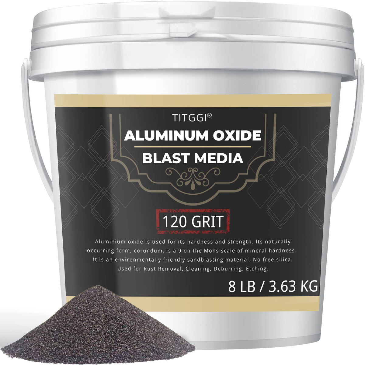 TITGGI 120-grit aluminum oxide blast media in an 8 lb bucket for metal prep.