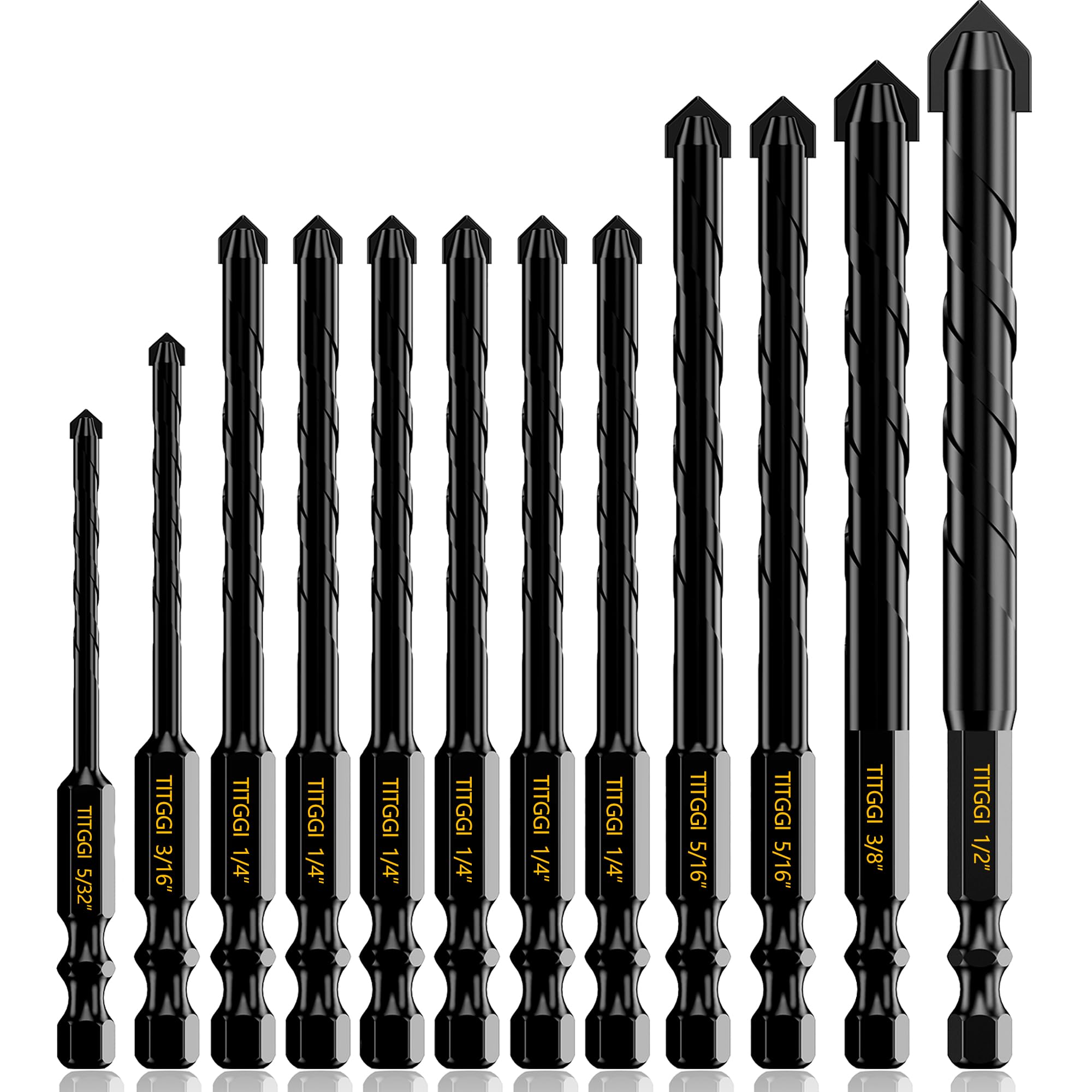 TITGGI 12pc concrete drill bit set close-up with sharp carbide tips for precise drilling.