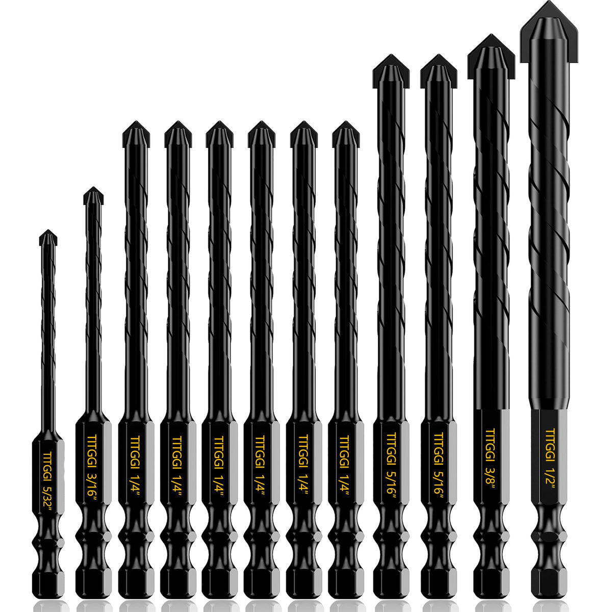 TITGGI 12pc concrete drill bit set close-up with sharp carbide tips for precise drilling.