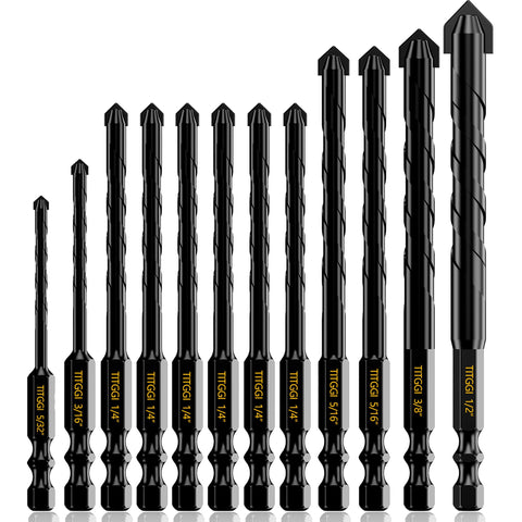 TITGGI 12pc concrete drill bit set close-up with sharp carbide tips for precise drilling.