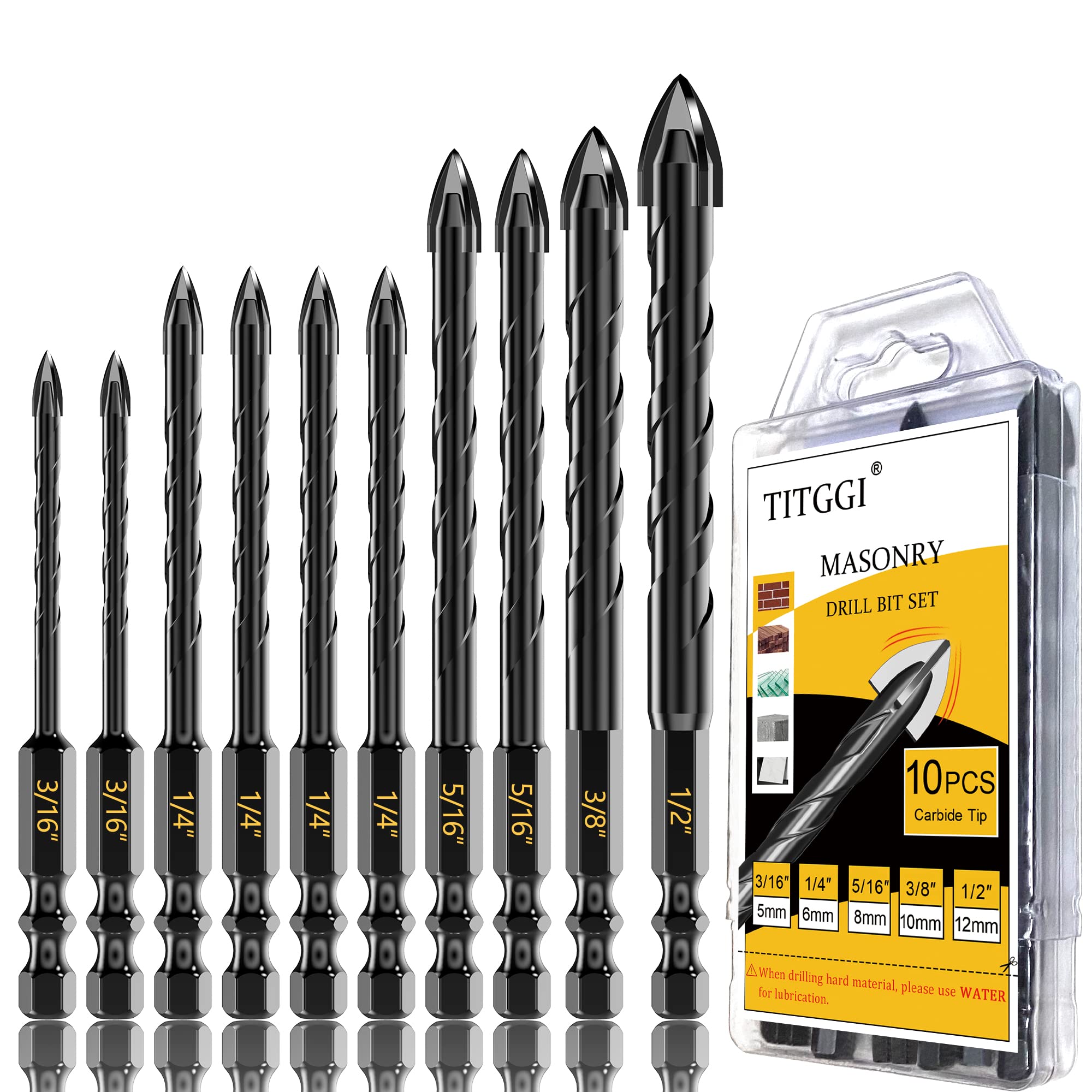 TITGGI masonry drill bit set 10pcs for versatile concrete drilling.