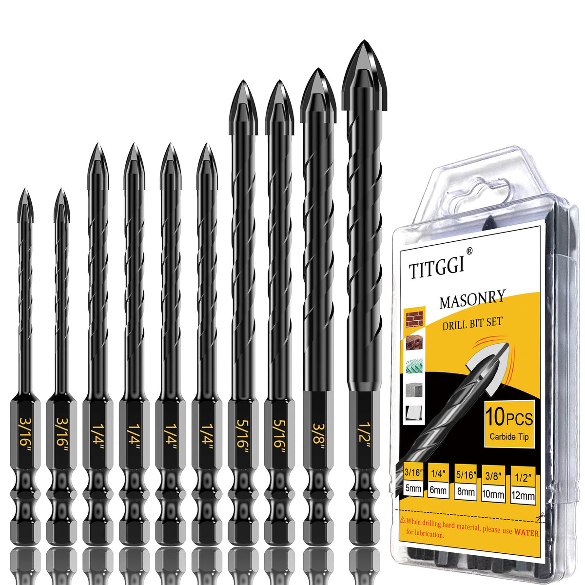 TITGGI masonry drill bit set 10pcs for versatile concrete drilling.