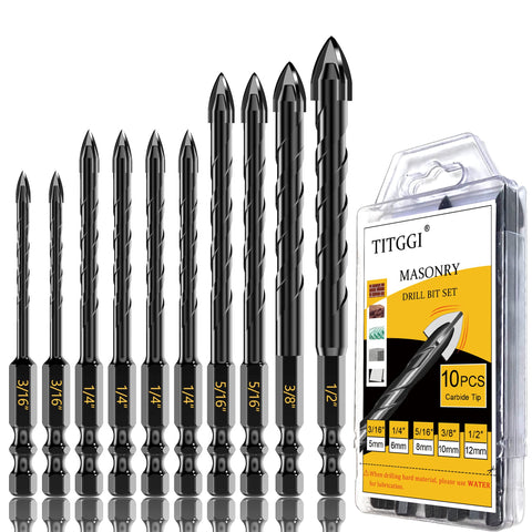 TITGGI masonry drill bit set, 10pcs, ready for concrete and tile drilling.