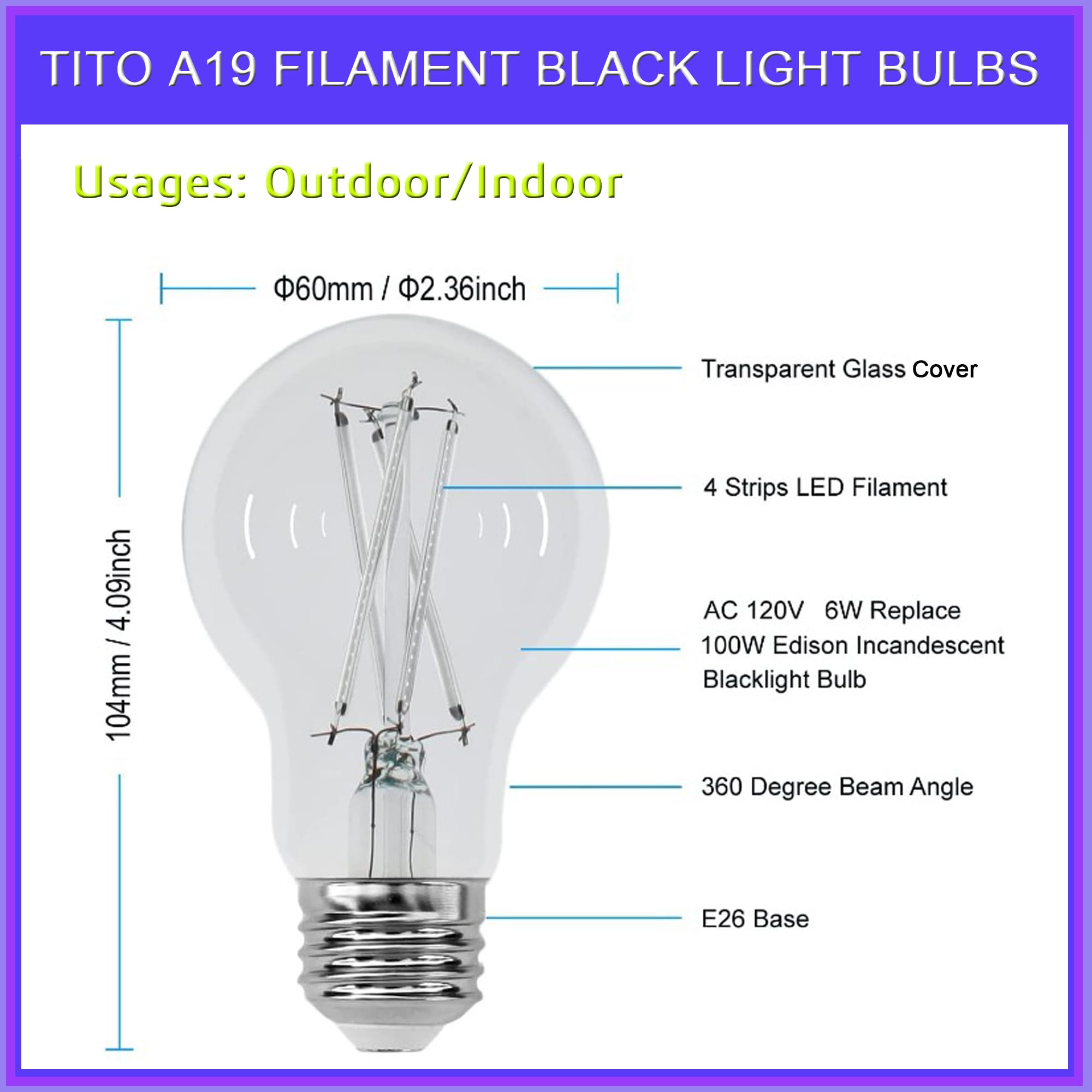 TITO blacklight bulb suitable for indoor resin curing and decor projects.
