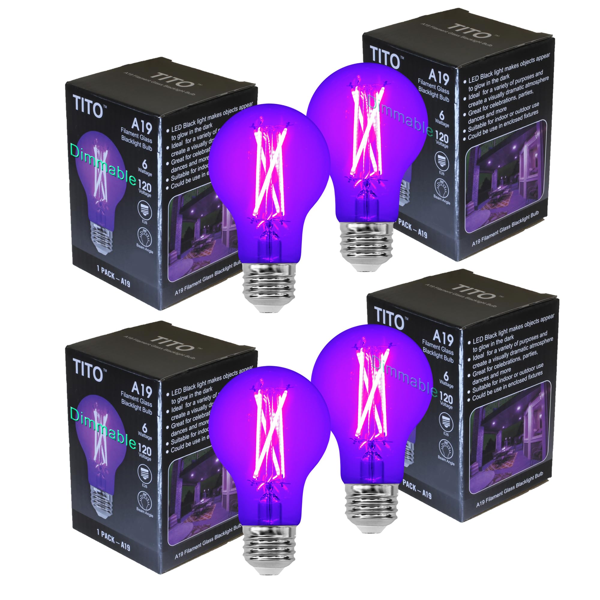 TITO filament black light bulb delivers 360° glow for glow parties.