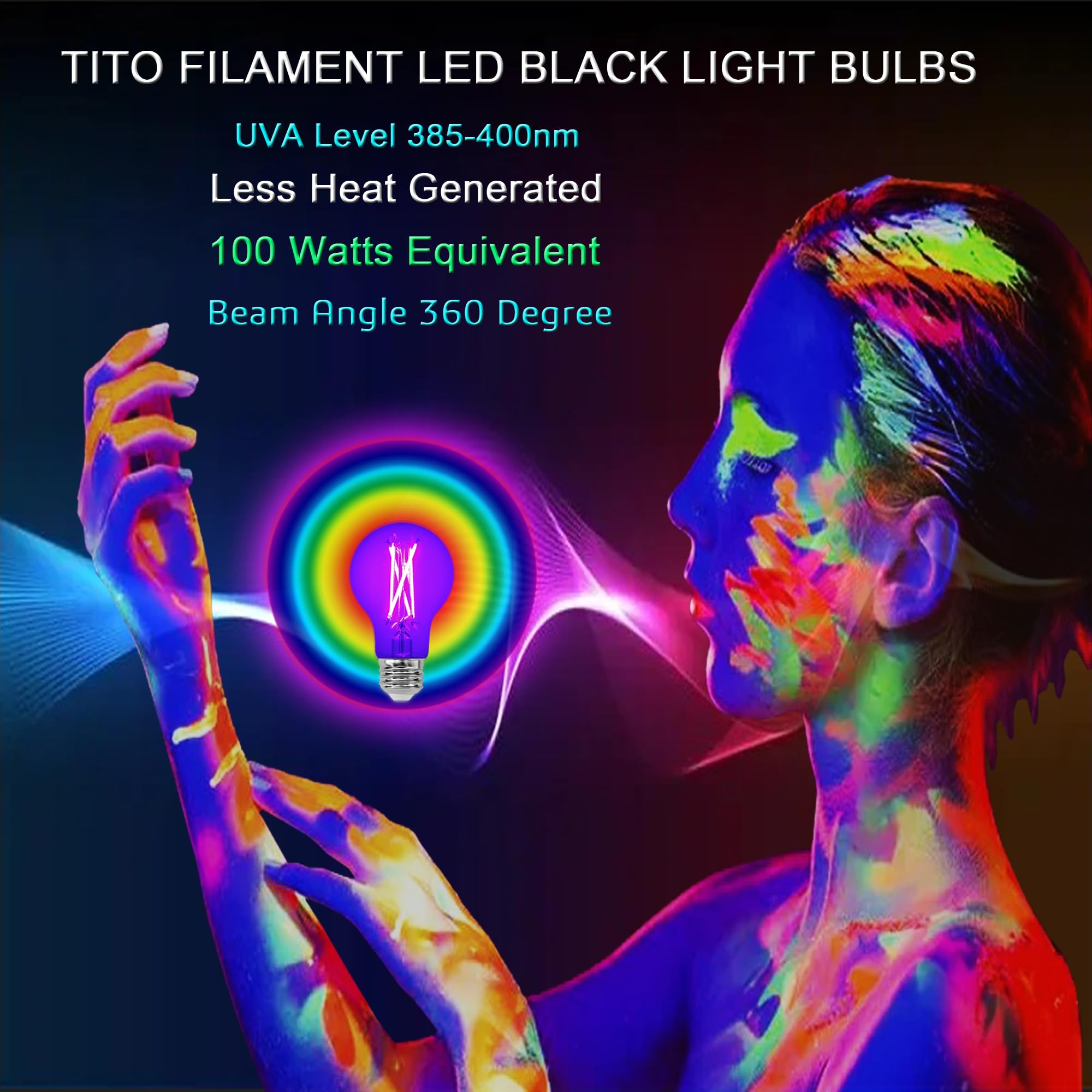 TITO E26 A19 dimmable black light bulb for dimmer-controlled spaces.