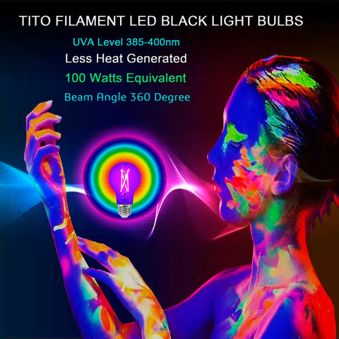 TITO E26 A19 dimmable black light bulb for dimmer-controlled spaces.