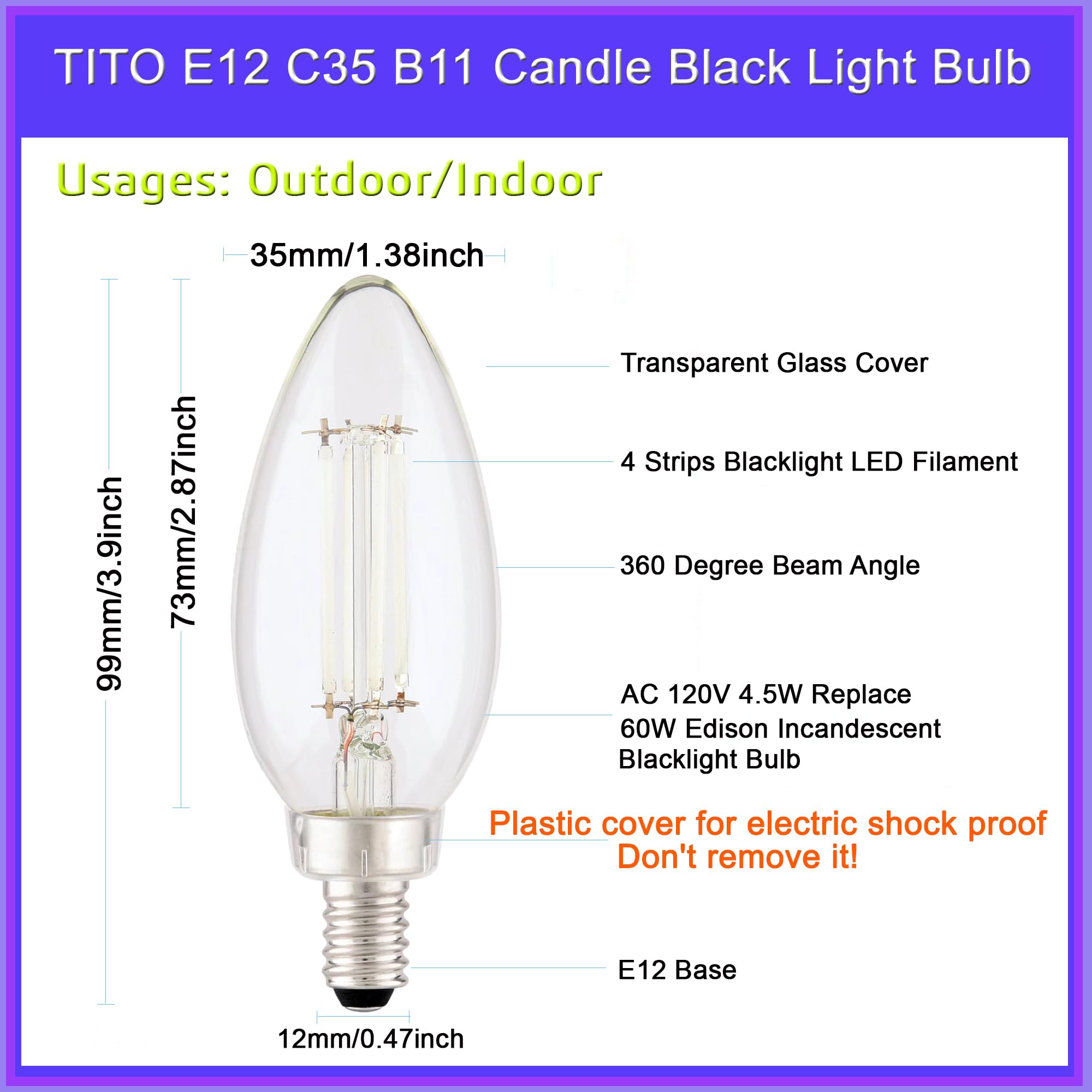 TITO six-pack of dimmable black light bulbs ideal for glow parties and celebrations