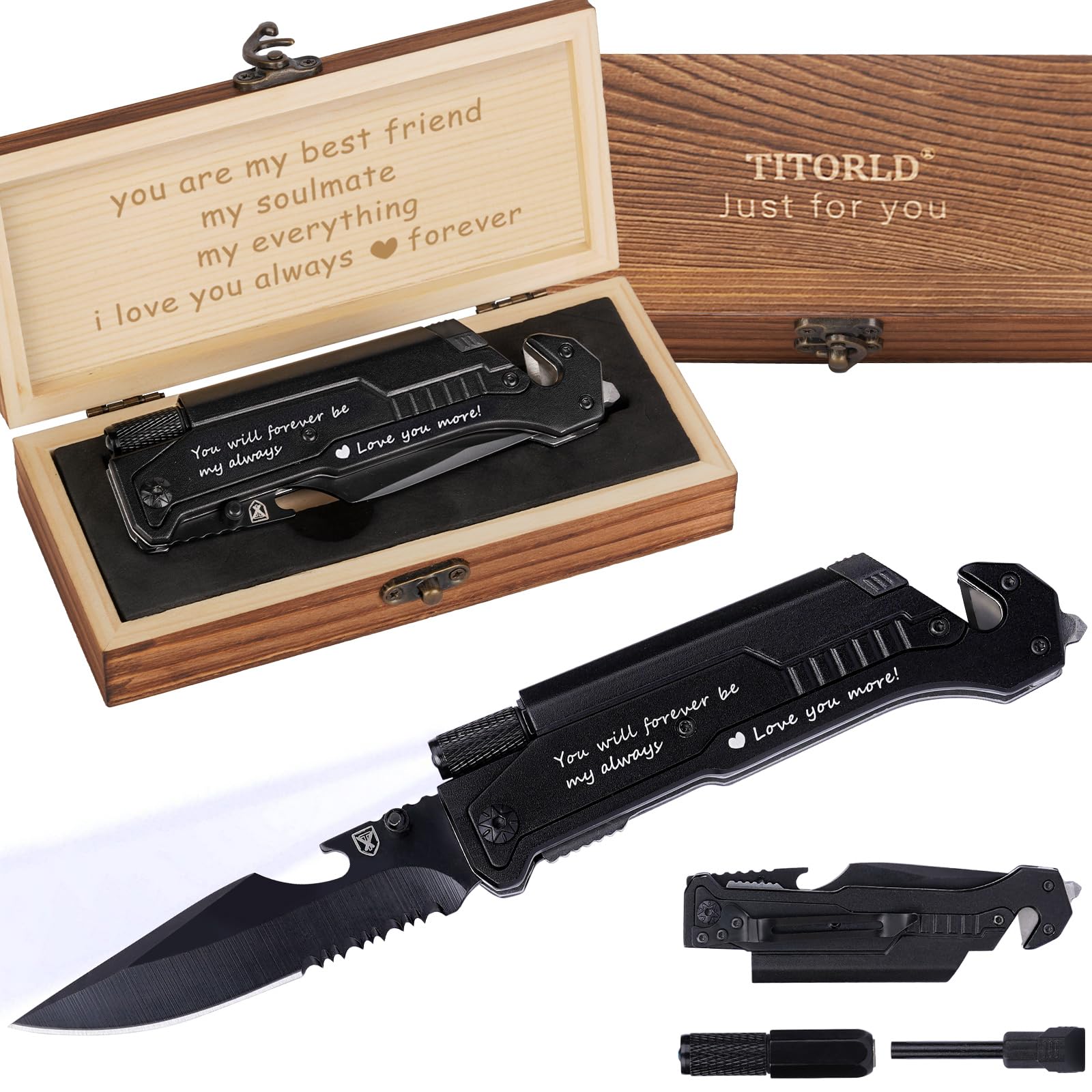Titorld engraved pocket knife in wood box for anniversaries.
