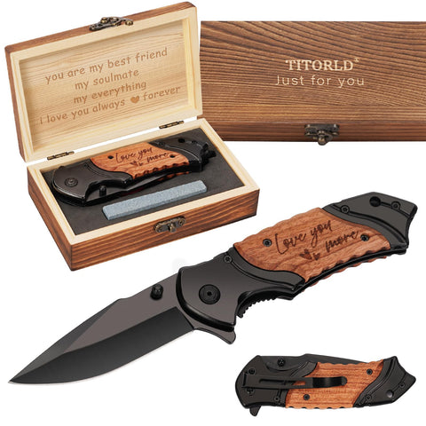 Titorld engraved pocket knife with wooden handle for a personalized gift.