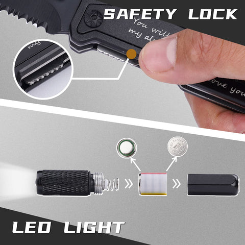 Titorld folding knife open showing serrated blade and bottle opener.