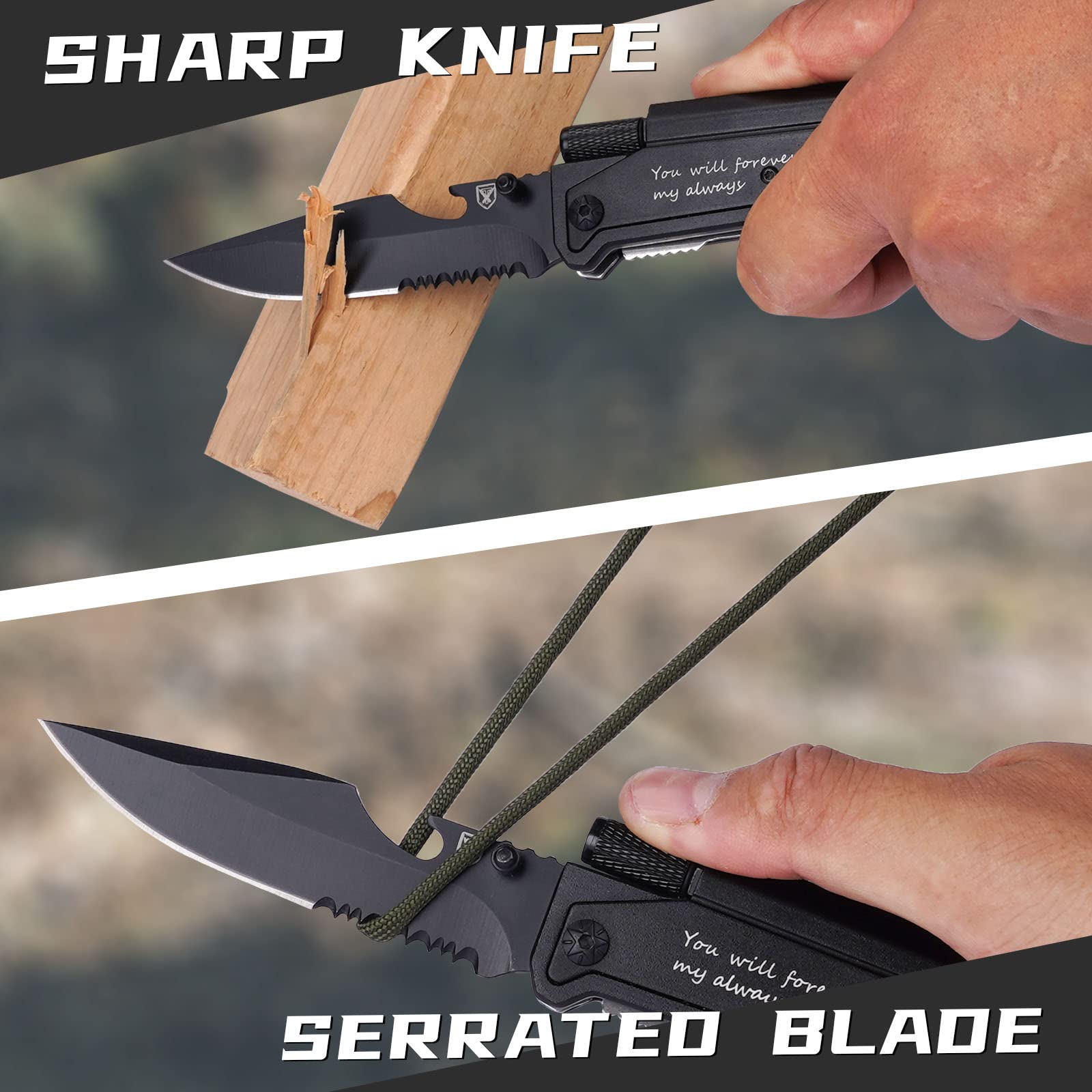 Titorld pocket knife with LED light for low-light camping tasks.