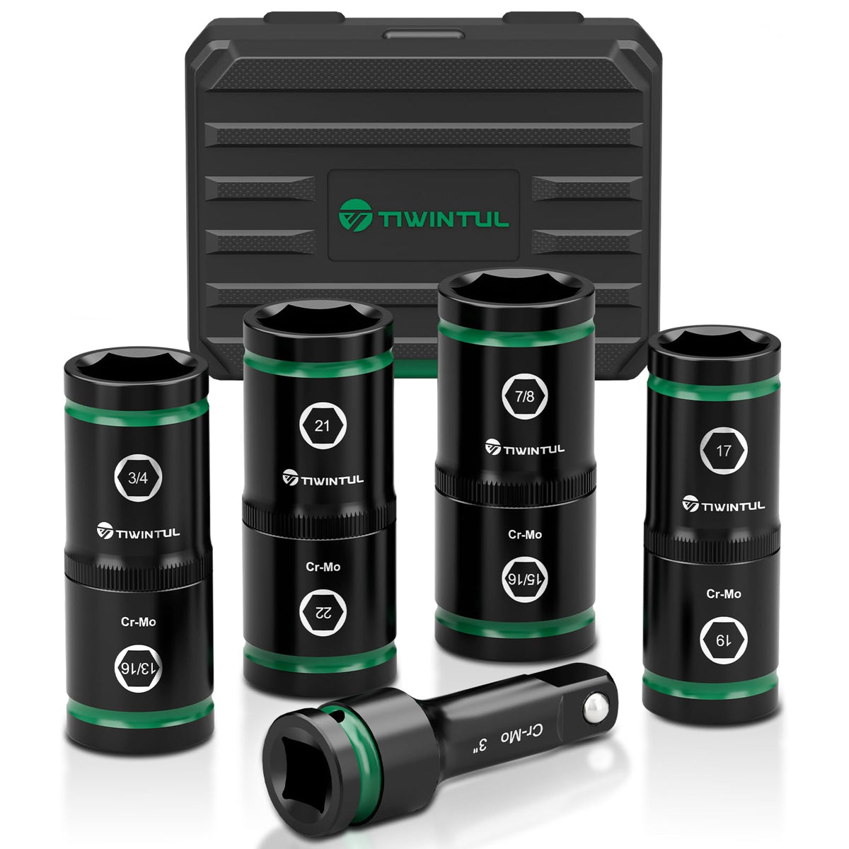 TIWINTUL double-ended lug nut socket enabling quick size swaps for different nuts.