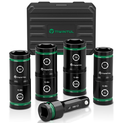 TIWINTUL double-ended lug nut socket enabling quick size swaps for different nuts.