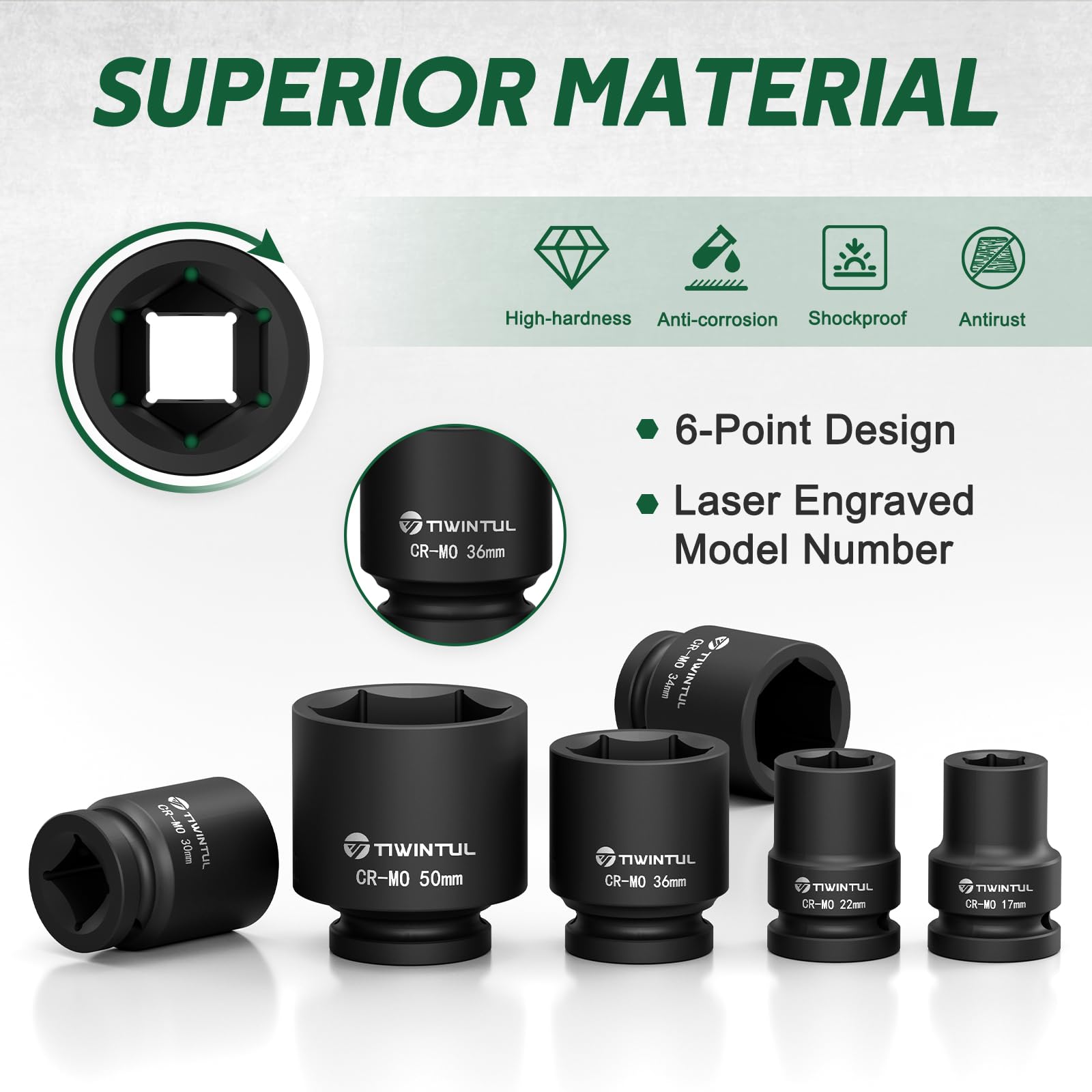 TIWINTUL phosphated CR-MO sockets resist corrosion in tough workshop environments.