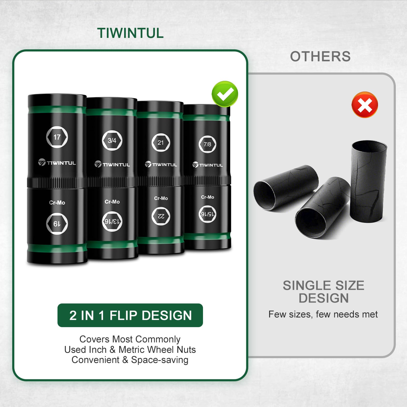 TIWINTUL thin-wall socket fits tight spaces for versatile wheel nut access.