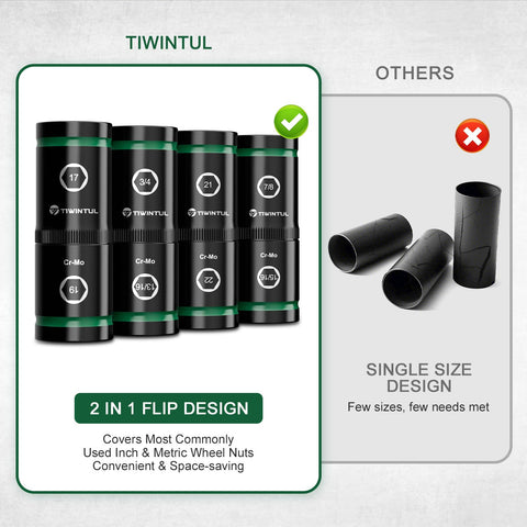 TIWINTUL thin-wall socket fits tight spaces for versatile wheel nut access.