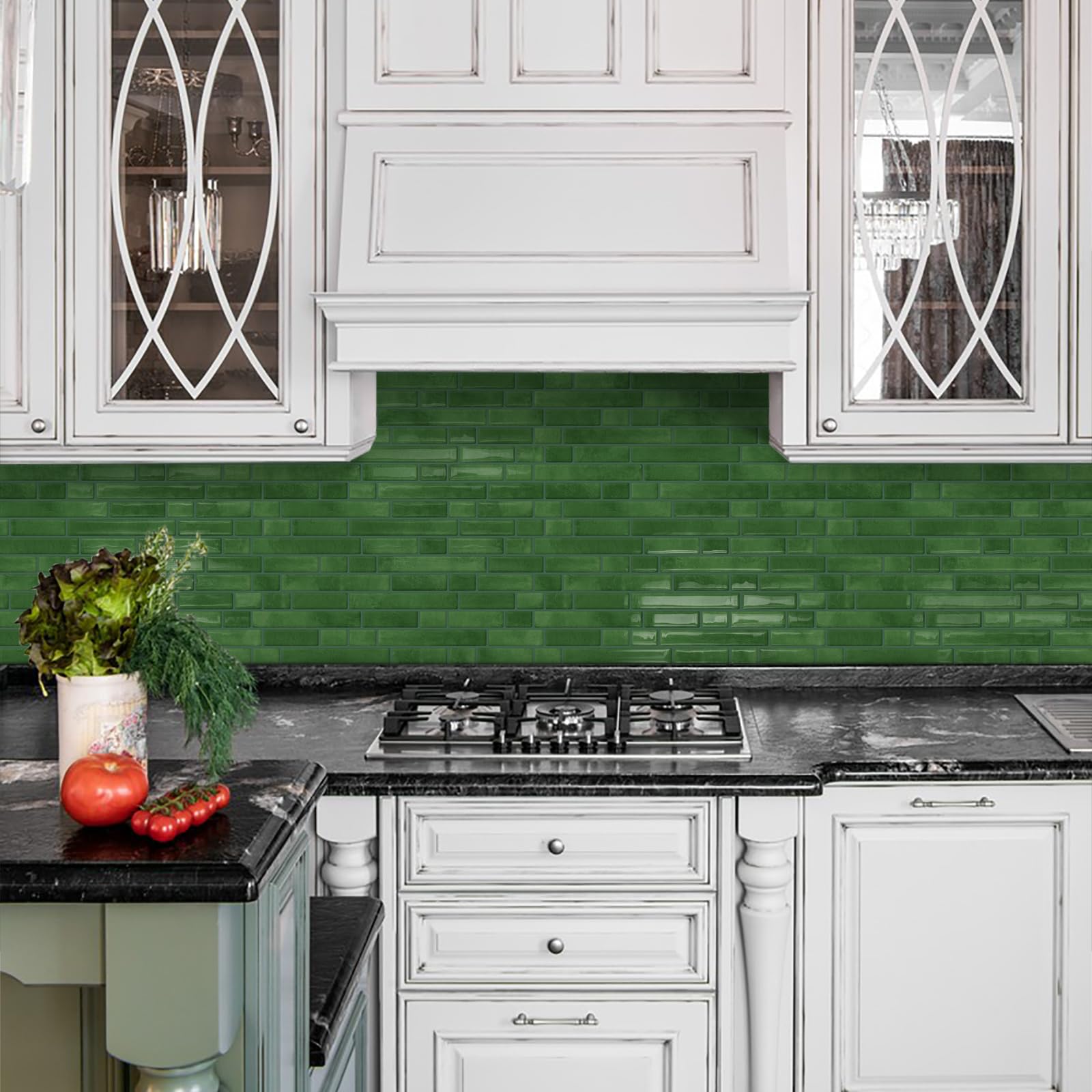 Tiwoos dark-green marble-look self-adhesive tiles ideal for renter-friendly kitchen or bathroom upgrades.