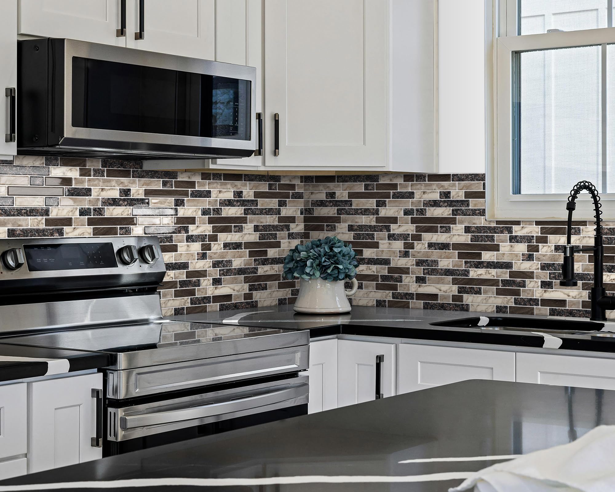 Tiwoos kitchen backsplash installation in progress, no glue needed.