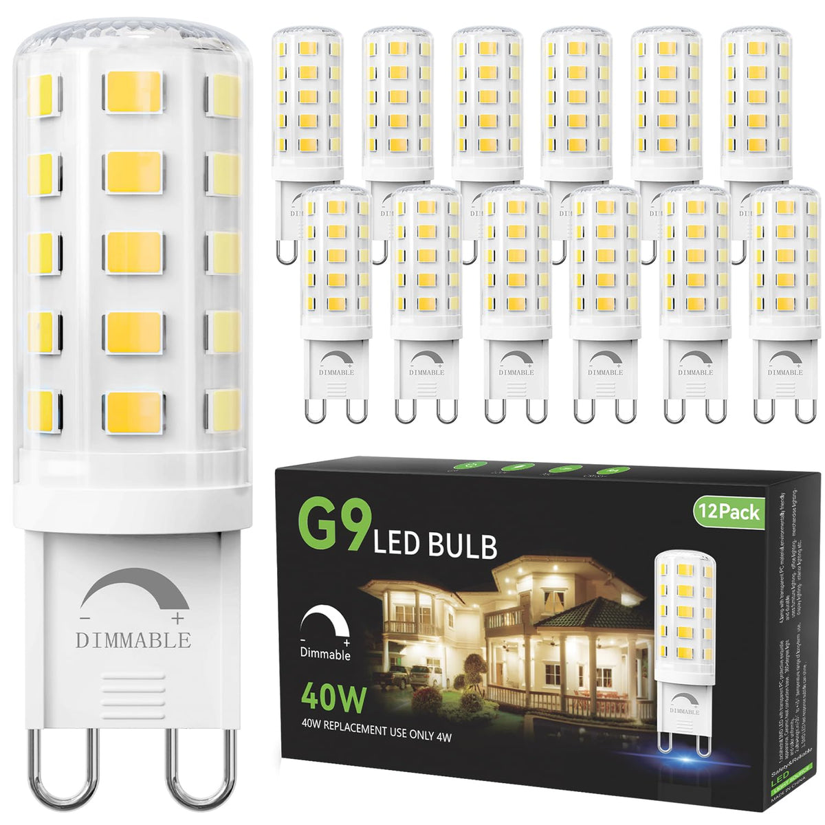 TJOY 12-pack dimmable G9 LED bulbs deliver 450 lm for bright, adjustable lighting.