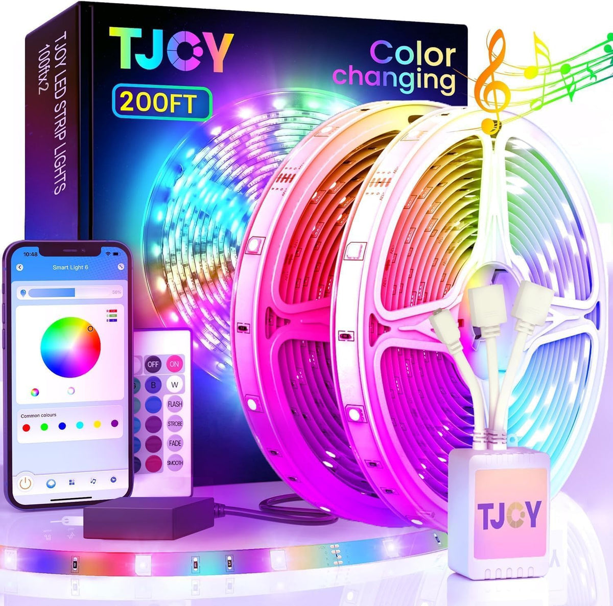 TJOY 200ft LED strip lights wrapped around a room for vibrant ambiance.