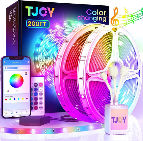 TJOY 200ft LED strip lights wrapped around a room for vibrant ambiance.
