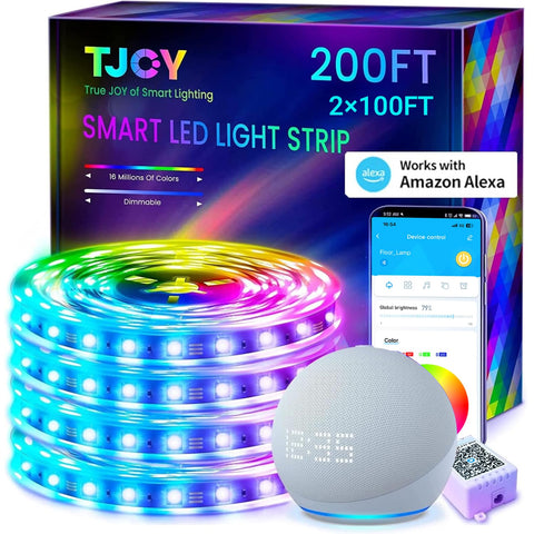 TJOY 200ft smart LED strip in a cozy bedroom for ambient color lighting