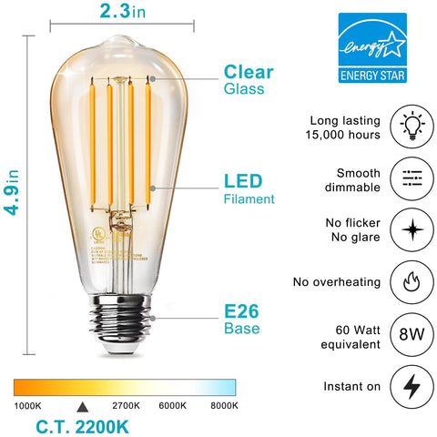 TJOY 60W-equivalent LED filament bulb delivering bright 800 lumens in amber.