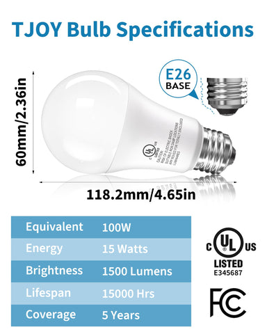 TJOY A19 100W equivalent daylight bulb delivering 1500 lumens.