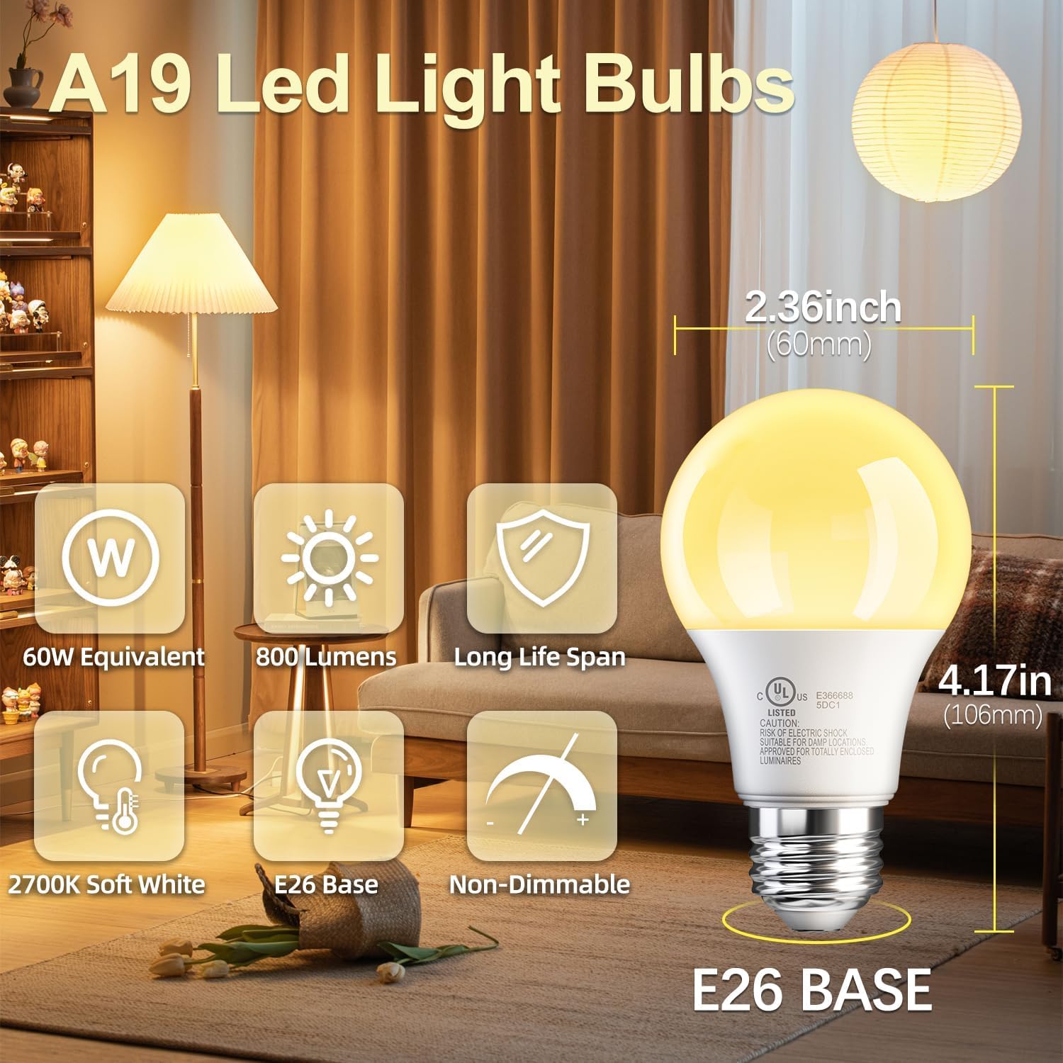 TJOY A19 LED bulb at 800 lumens creates warm living room ambiance.