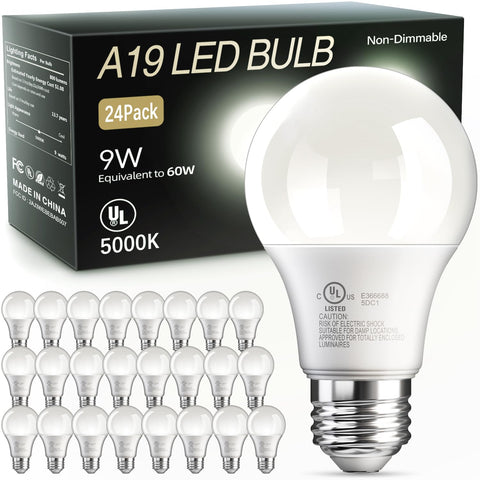 TJOY A19 LED bulbs in packaging showing energy efficiency and cost savings