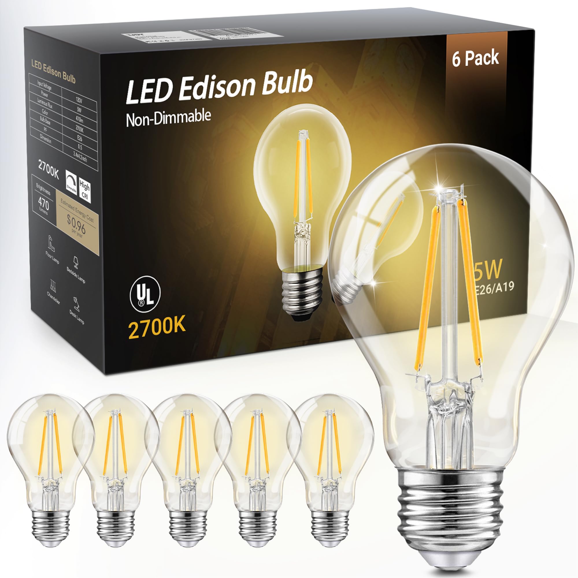 TJOY A19 vintage Edison bulb with clear glass filament for classic decor.