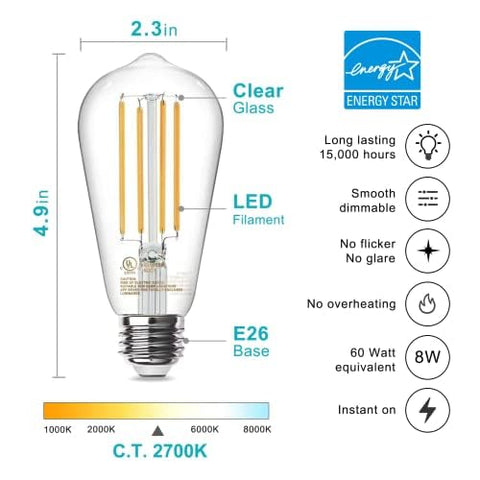 TJOY Dimmable LED filament bulb up to 800 lumens for living spaces