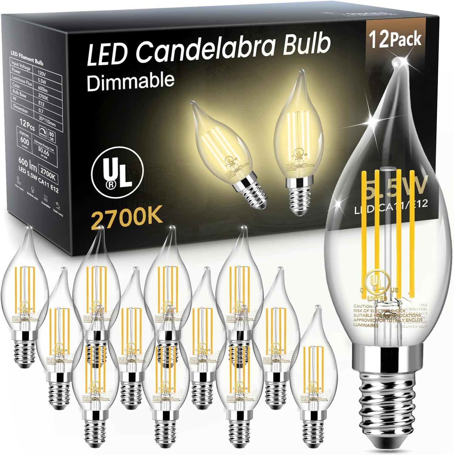 TJOY E12 LED candle bulb with vintage flame tip for chandeliers and sconces, soft warmth.