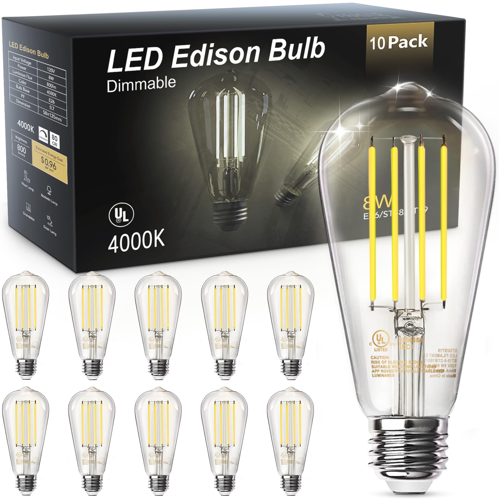 TJOY Edison vintage LED bulb with E26 base in antique glass design, ideal for chandeliers.