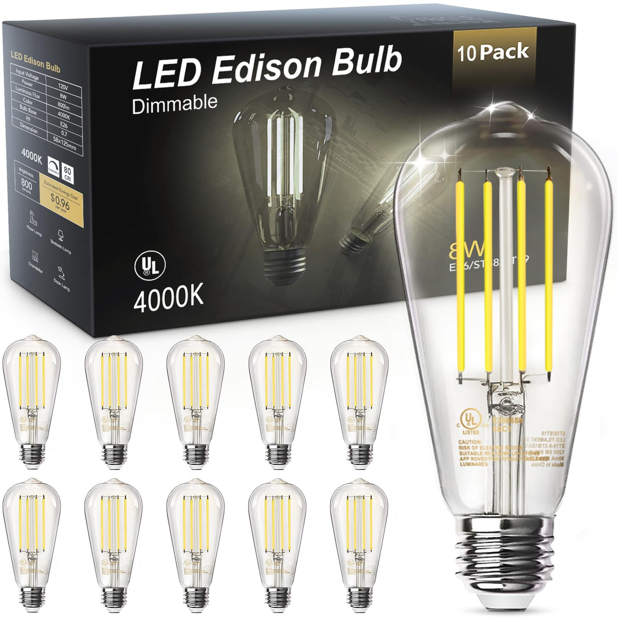 TJOY Edison vintage LED bulb with E26 base in antique glass design, ideal for chandeliers.