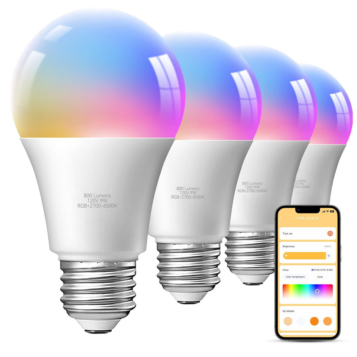 TJOY four-pack bulbs displaying vibrant RGB colors for mood lighting