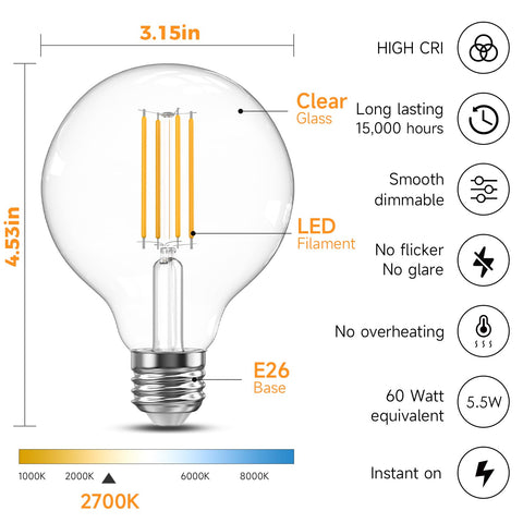 TJOY G25 globe filament bulb emitting 2700K warm white glow.