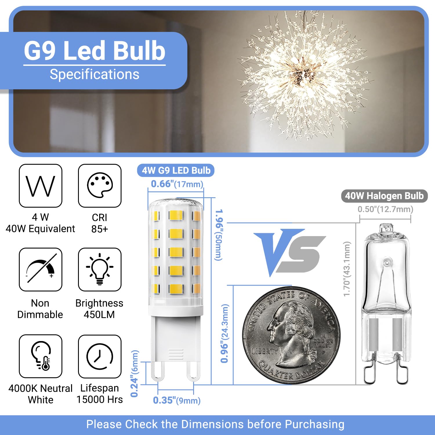Compact G9 LED bulb ideal for small chandeliers or fixtures.