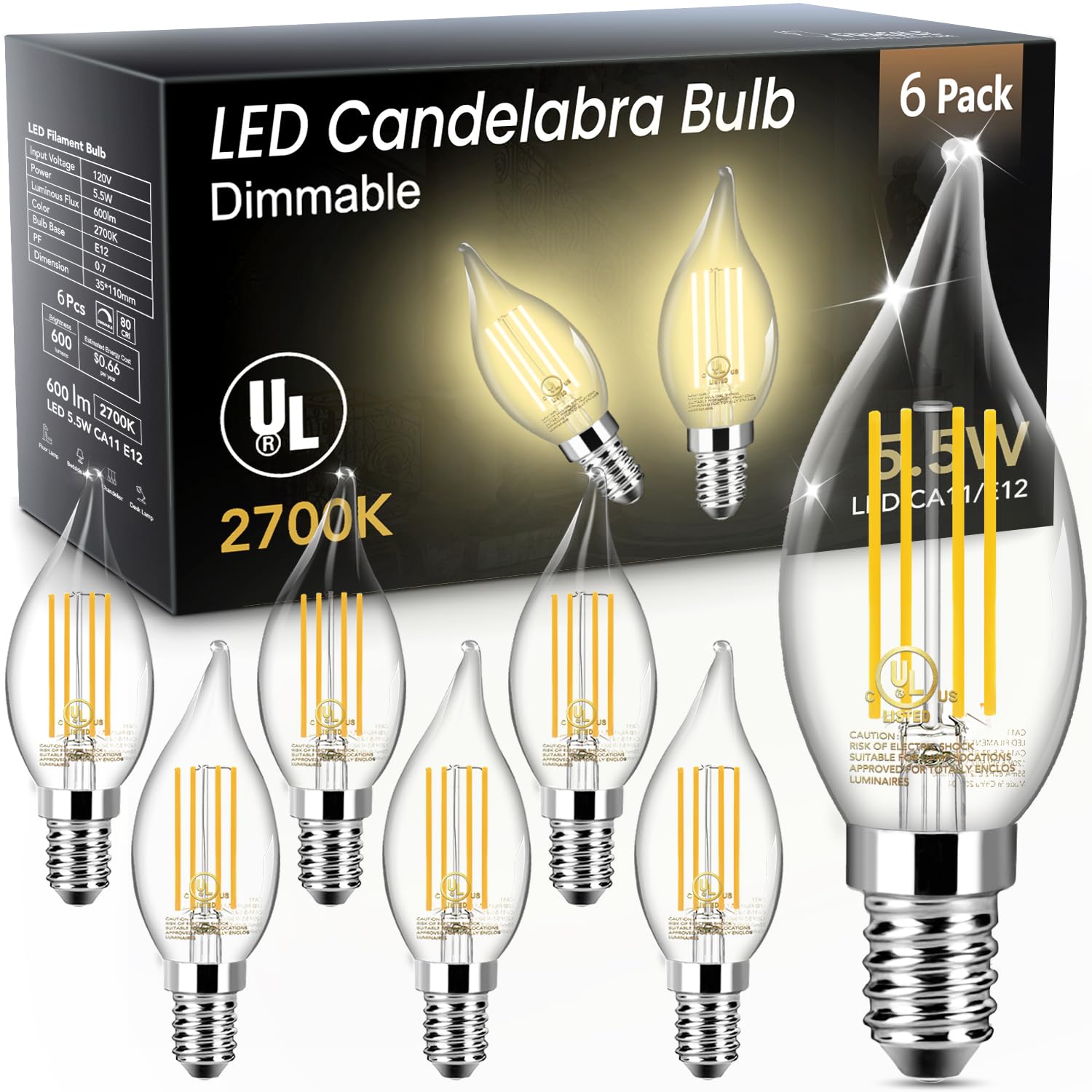 TJOY LED CA11 candle bulb with flame-tip shape for elegant chandelier lighting.
