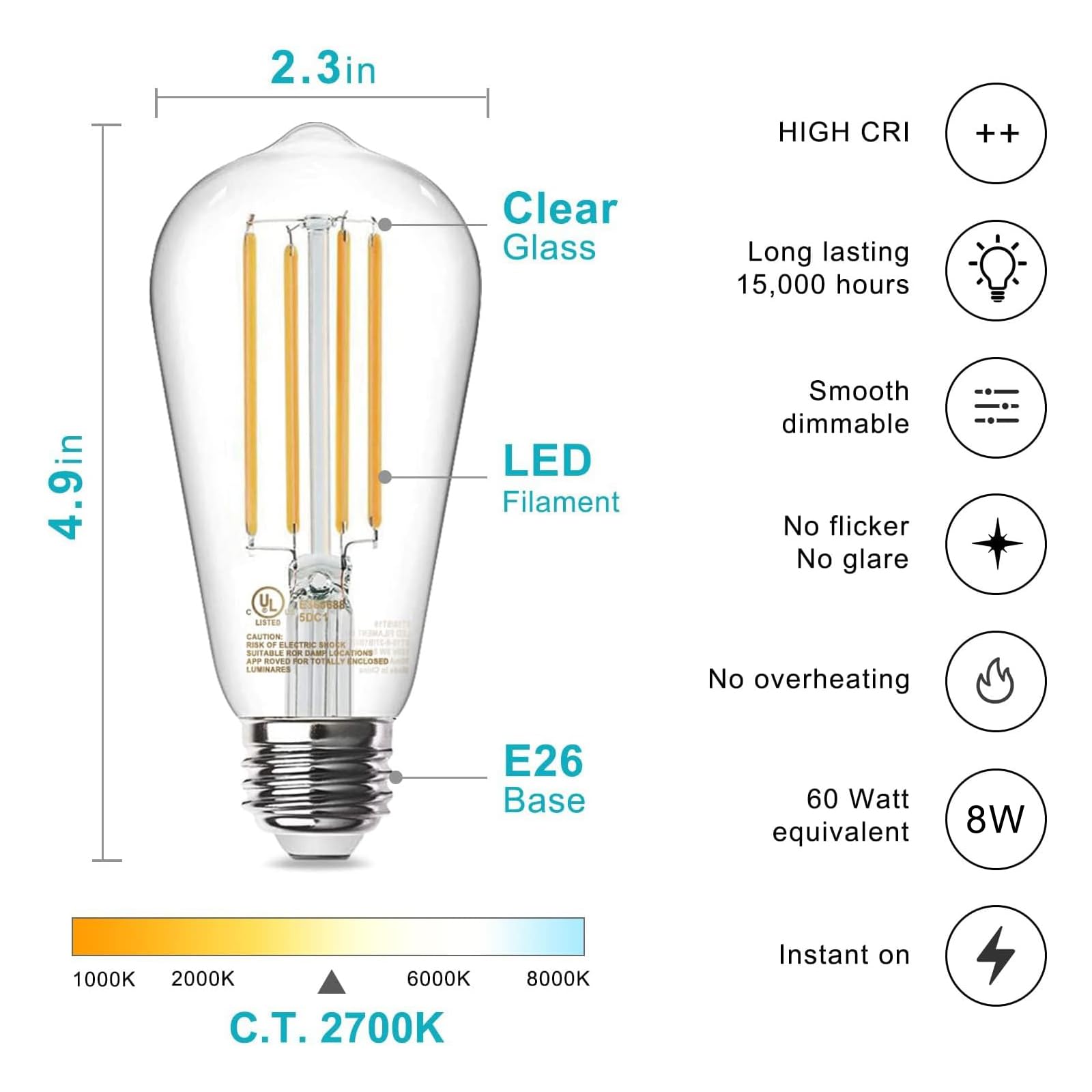 TJOY LED filament bulb provides 800 lumens at 2700K for bright, warm ambience.